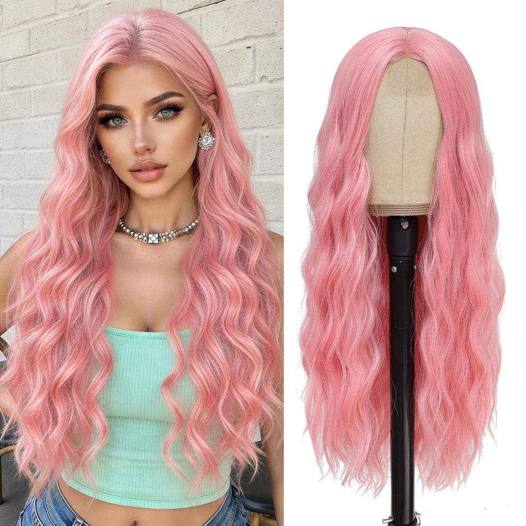 Pink Wig - Long Pink Wavy Wigs for Women Middle Part Pastel Pink 26 inch Natural Curly Synthetic Wig Heat Resistant Fiber Wigs for Daily Party Use