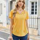 Uhiger Womens Boho Tops Short Sleeve Convertible V Neck Blouses Lace Trim Tassel Tie Front Flowy Chic Vacation Outfits (Yellow, XL)