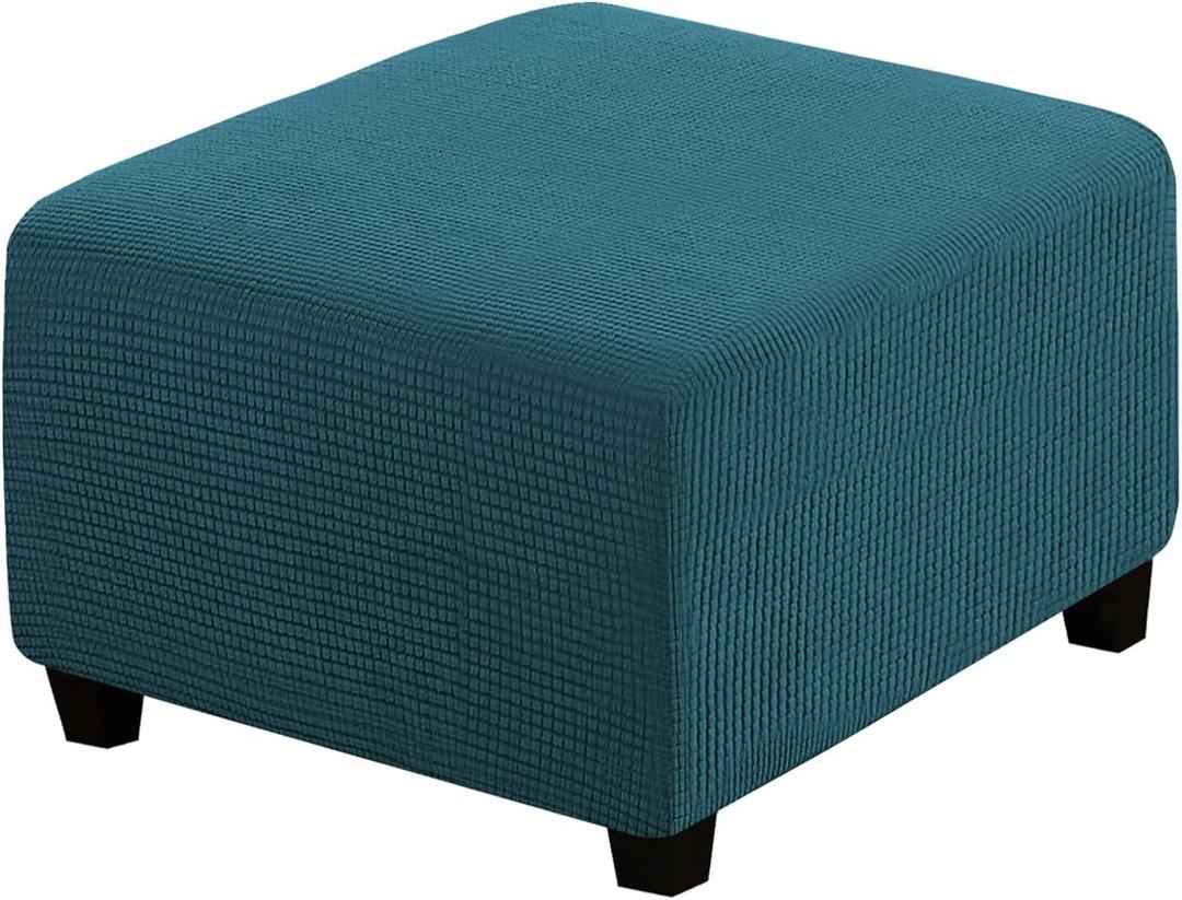 H.VERSAILTEX Square Ottoman Covers Ottoman Slipcovers Folding Storage Stool Furniture Protector Form Fit with Elastic Bottom, Stretch High Spandex Small Checks Jacquard Fabric, Medium,Deep Teal