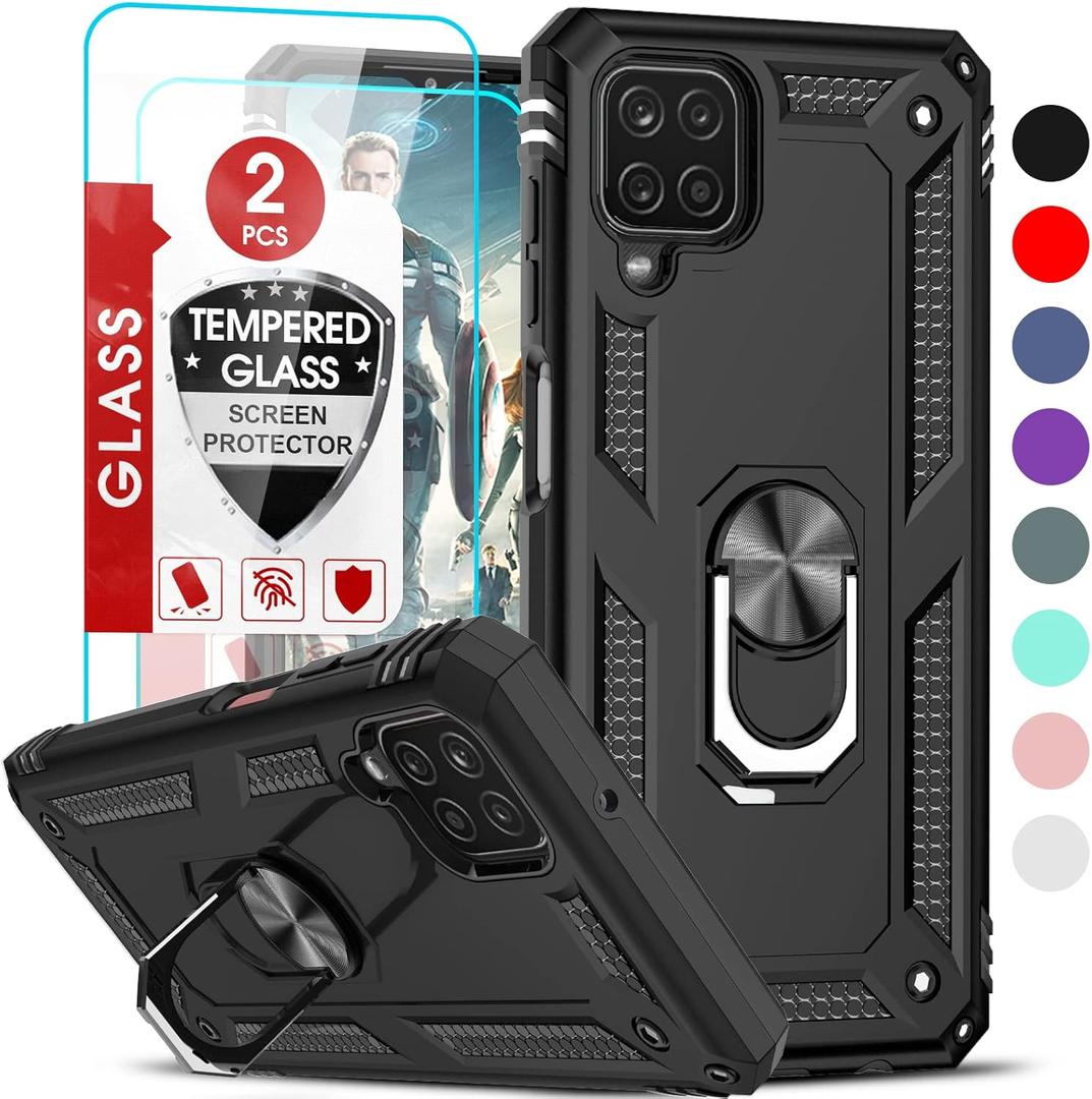 LeYi for Samsung Galaxy A12 Phone Case, Samsung A12 Phone Case with [2 Pack] Glass Screen Protector Replacement, Military-Grade Shockproof Magnetic Ring Stand Cell Android Case Cover A 12 5G, Black