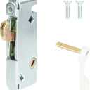 Mortise Lock with White Latch Lever, Adjustable Spring-Loaded Hook Latch Projection for Sliding Patio Doors, 45 Degree Angle Keyway, Fits 3-11/16 Hole Spacing, Round-End Faceplate