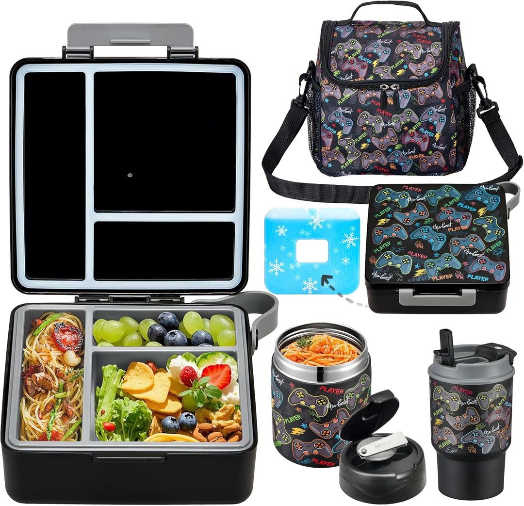 Bento Lunch Box for Kids with 17oz Soup Thermo,Insulated Tumbler Water Bottle and Insulated Lunch Bag,Leak-Proof 3 Compartment Lunch Food Container with Ice Pack for Kids to School-Game Console