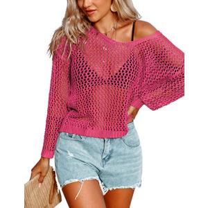 Womens Crochet Tops Long Sleeve Hollow Out Swim Cover Up 2025 Beach Bikini Swimsuit Summer Tunic Top, XL