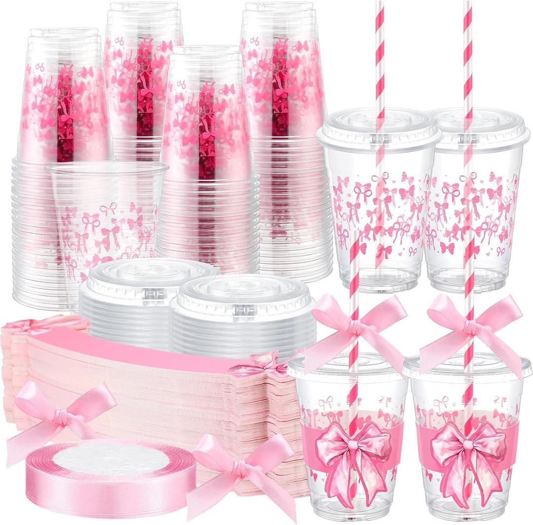 60 Sets Plastic Cups Bulk 12 oz Plastic Disposable Cups with Lids Sleeves and Straws Smoothie Clear Drink Disposable Party Favor Holiday Birthday Wedding Party Supplies (Pink Bow)