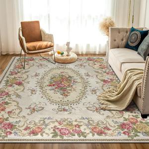 Rustic Shabby Rose Area Rugs 5' x 7', Vintage Floral Rug Country Style Carpet Non-Slip Floor Mat for Girls Bedroom Living Room Dorm Decor