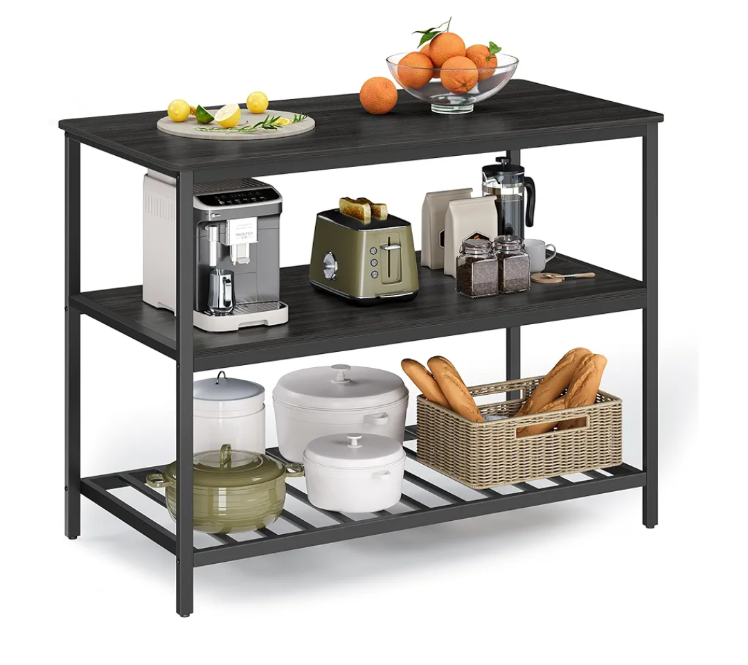 VASAGLE Kitchen Island with 3 Shelves, 47.2 Inches Width Kitchen Shelf with Large Worktop, Stable Steel Structure, Industrial, Easy to Assemble, Ebonised Oak and Black UKKI001B42