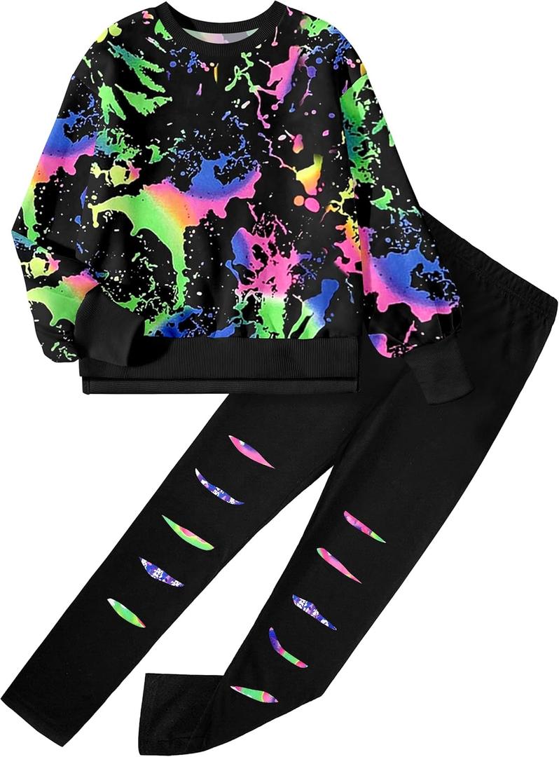 Girls Clothes, Girls Outfits Tie Dye Sweatshirt Tops and Leggings Sweatpants 2 Piece Fall Winter Clothes Set 6-16T (13-14 Years)