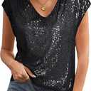 GRACE KARIN V Neck Sequin Short Sleeve Tops for Women Elastic Sparkly Tank Top for Party (Medium, Black)