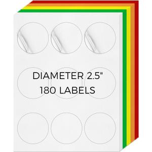 Assorted Color Printable Round Labels 2.5 Inch Self-Adhesive Vinyl Address Stickers Removable Blank Mailing Circle Decals for Shipping Inkjet Laser Printer 180 Labels