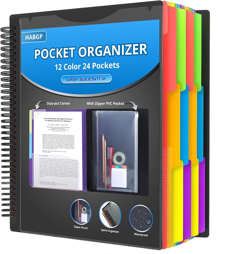 HABGP 24 Pocket Plastic folders with Pockets, 12 Colors Multi Pocket Folder Binder with Dividers, Office Organizer Folder Letter Size School Supplies