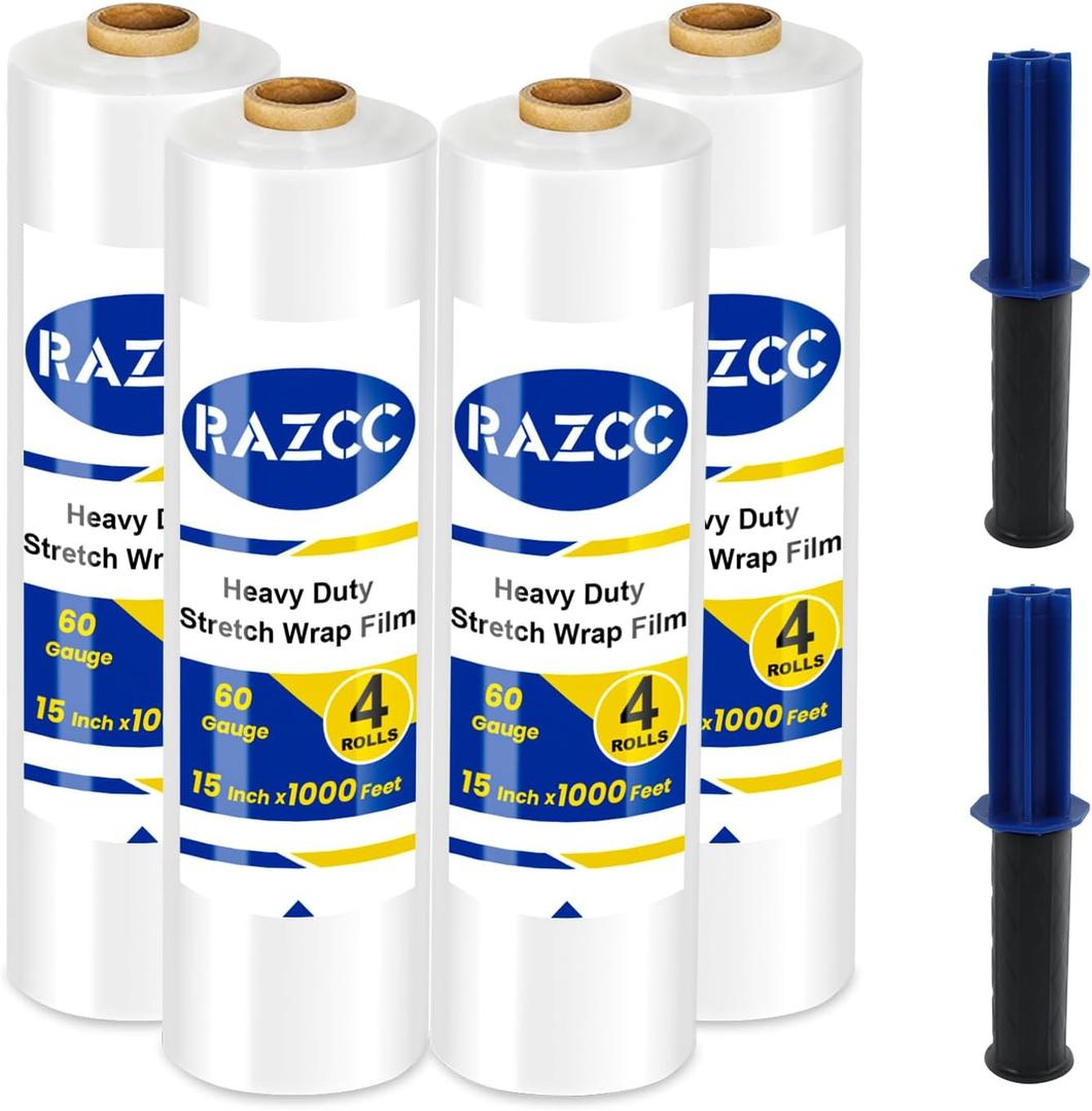 Stretch Film, RAZCC Stretch Wrap Industrial Strength, Shrink Wrap for Pallet Wrap, Heavy Duty Clear Plastic Wrap with Handles, Moving Wrapping Plastic Roll, 15" x 1000 Ft Per Roll, 60 Gauge, 4 Pack