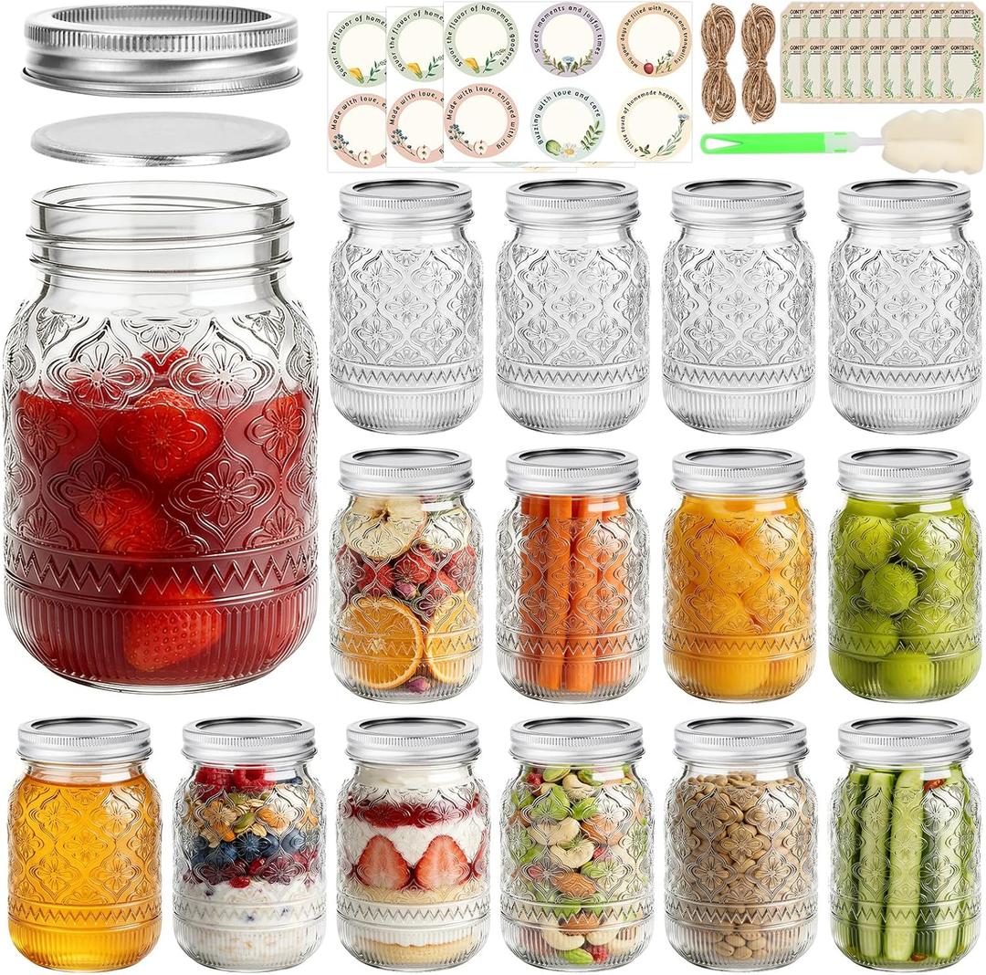 16 oz Embossed Mason Jars 15 Pack, Regular Mouth Pint Glass Canning Jars with Airtight Lids and Bands, Ideal for Overnight Oats, Meal Prep, Pickling, Fermenting, Food Storage, DIY Crafts & Gifts