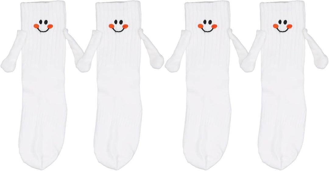 2 Pairs Hand Holding Socks for Kids, Funny Magnetic Mid-Tube Socks White Smile Face Matching Crazy Silly Slipper Socks Friendship Birthday Gift for Children Toddler (6-9 Years)