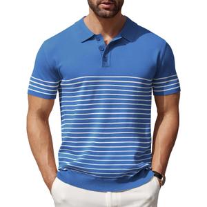 COOFANDY Men's Knit Polo Shirts Short Sleeve Striped Golf Polo Shirts Lightweight Casual Collared T Shirt (Large, Blue (White Stripes))