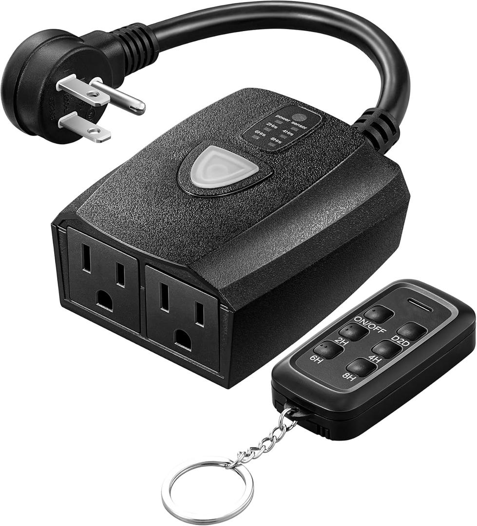 DEWENWILS Outdoor Timer Outlet Waterproof, 15A 1/2HP, 2 Grounded Outlets, 100FT Remote Control, Black, FCC Listed