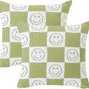 Pack of 2 Ultra Soft Cozy Happy Smiling Face Checkered Knitted Throw Pillow Cover Fluffy Microfiber pillocase Decorative for Sofa Bed 18 Inches Both Sides (Green)