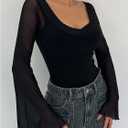 SOLY HUX Women's Off The Shoulder T Shirt Mesh Bell Long Sleeve Slim Fitted Tee Going Out Tops (L)