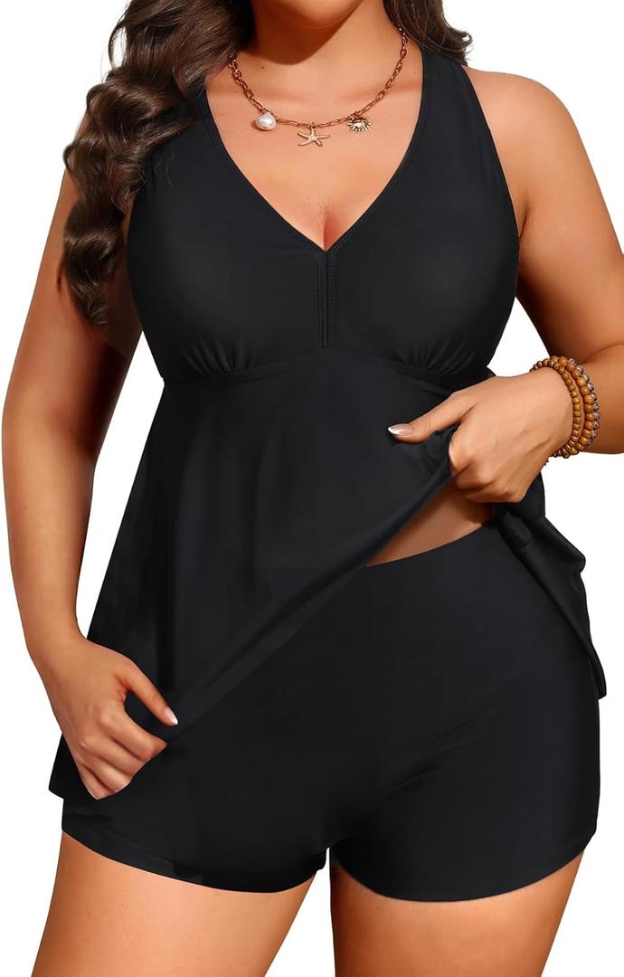 Aqua Eve Plus Size Bathing Suits for Women Flowy Tankini Swimsuits with Shorts Two Pieces V Neck Cross Back Swimwear Black 12W