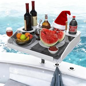 Utility Boat Bar Organizer Table with Rod Holder, Portable Detachable Marine Table with Cup Holders & Storage for Food, Drinks, and Fish Cleaning, Gift for Him, Boaters, Fishers, Outdoorsman