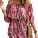 Milumia Women's Off The Shoulder Romper Boho Elastic Waist Shorts Jumpsuit Dressy Casual Vacation Outfits Large, Hot Pink