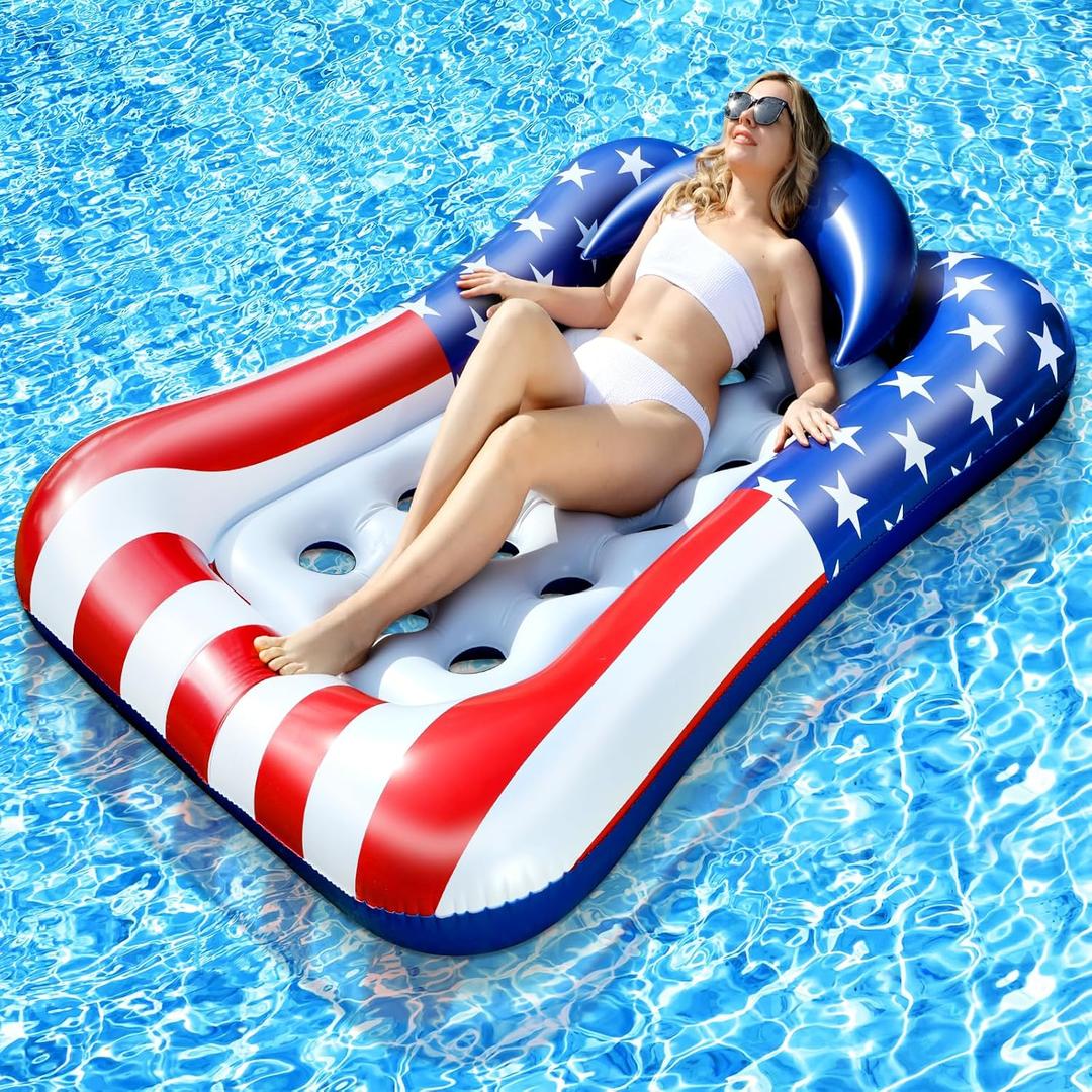 71"x50" Large Tanning Pool Float with Headrest, Patriotic Inflatable Pool Floats Adult American Flag Giant Cooling Water Hammock Tanning Pool Rafts Floatie for 4th of July Pool Party, Lake, Outdoor
