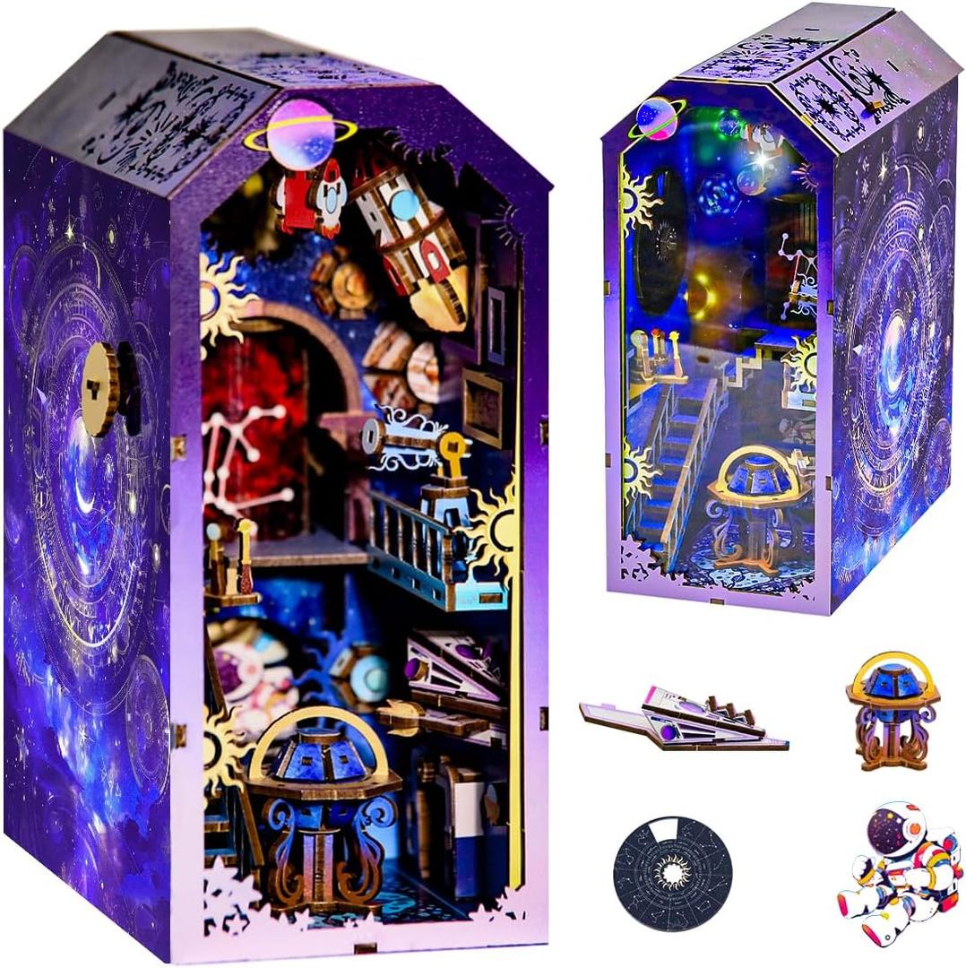 Cosmos 3D Wooden Puzzle Booknook Kits, DIY Miniature Dollhouse for Bookshelf Decor, Space Tiny House Model Building Set for Adults & Teens
