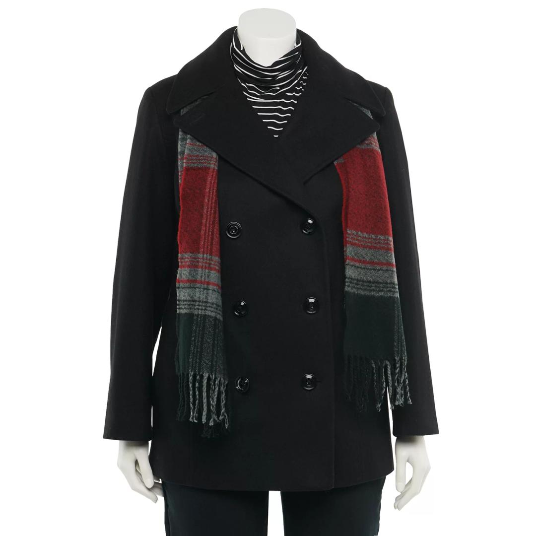 TOWER by London Fog Scarf & Wool-Blend Peacoat, Size S