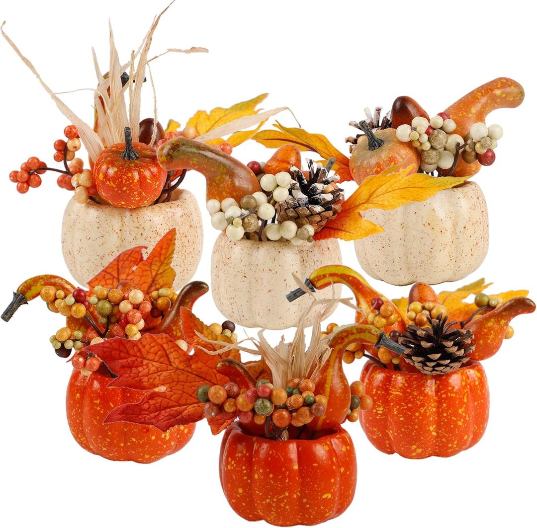 winemana Fall Decorations for Home - Set of 6 Artificial Pumpkin, Berry & Pine Cone Table Centerpiece for Office, Thanksgiving, Bathroom Kitchen Autumn Decor (Mixed-3)