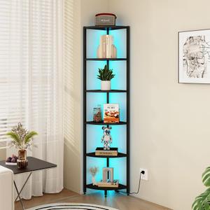 6-Tier Corner Shelf with LED Lights - 65" Tall Narrow Bookshelf, Standing Shelf with Storage Rack, Sturdy Metal Frame & Waterproof Shelves, Rustic Brown, for Living Room/Bedroom/Bathroom
