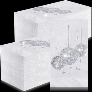 Sinmoe 100 Pcs Disco Party Cocktail Napkins with Silver Foil Guest Towel Paper Disposable 70s 80s 90s Party Supplies Cocktail Napkins for Wedding Birthday Graduation 2 Ply 4 x 8 in(White Background)