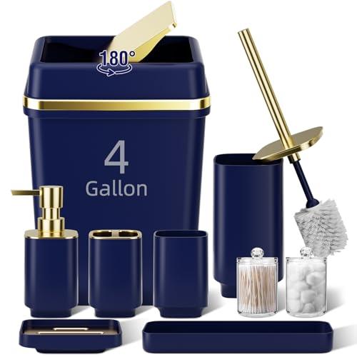 9PCS Bathroom Accessory Set, Navy Blue Bathroom Set with Large-Capacity 4 Gallon Trash Can, Bathroom Accessories Set Complete Toothbrush Holder, Soap Dispenser, Toilet Brush, Bathroom Decor