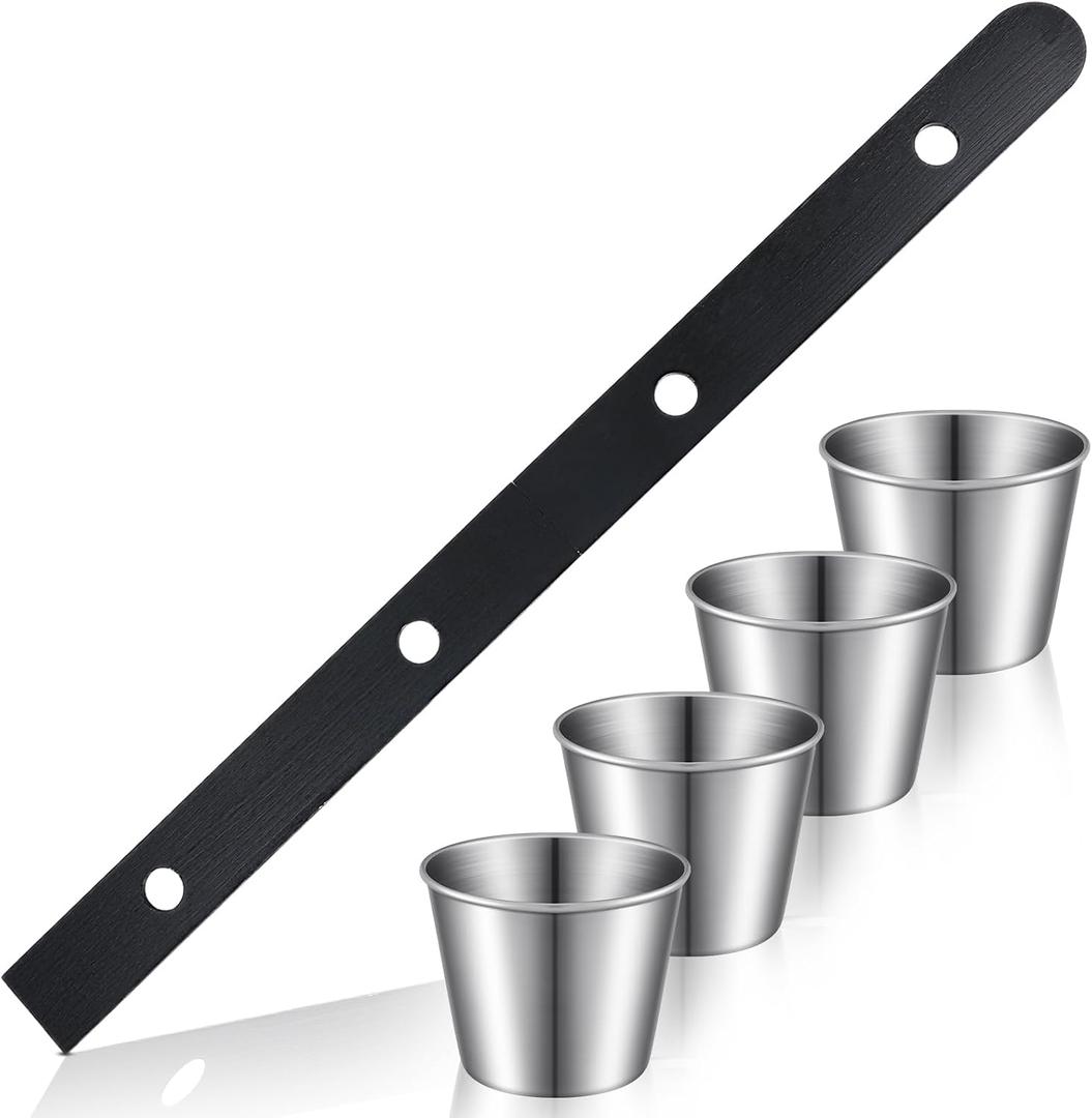1 Set 5 ft Shot Board with 4 Stainless Steel Shot Glass Set 4 Person Drinking Retro Vintage Rustic Wood Drinking Board for Vacations Weddings Bar Family Gathering Celebrations Party (Black)