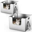 2 Pack XXXL Corner Stainless Steel Cat Litter Box with High Sides,XXL Square Metal Litter Box with Tall Walls for Maine Coon Big&Multiple Cats,One-Piece High Sided,Extra Large,Anti-Leakage,Non Stick