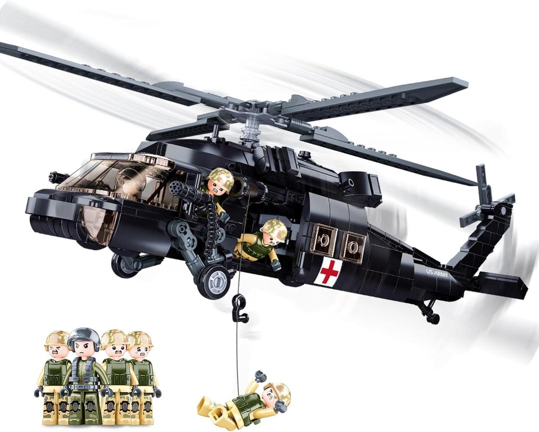 UH-60 Black Utility Helicopter Building Set for Adults, Compatible with Lego Military Army Airplane, Hawk Plane Model Kit with 4 Soldier Figures, Birthday Gift Toys for 8-14 Boys Kids (692 PCS)