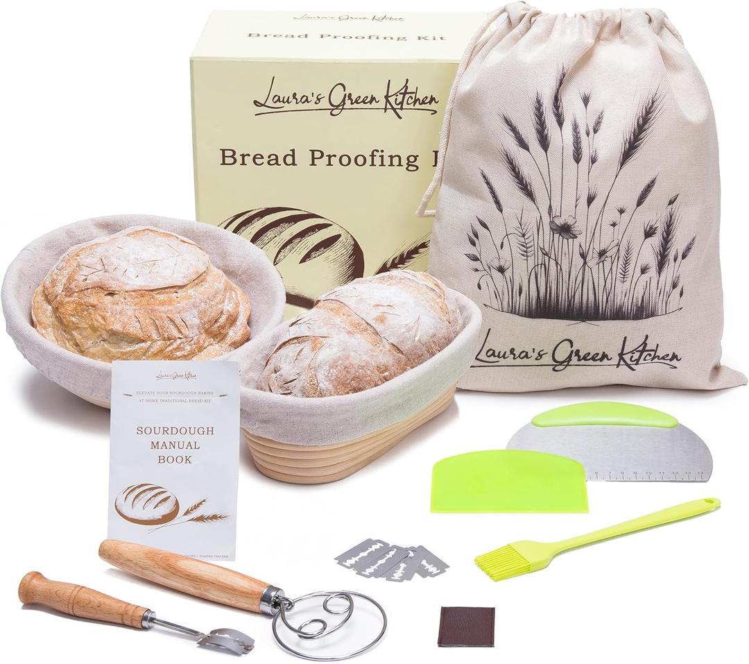 Laura's Green Kitchen Complete Sourdough Starter Kit  Sourdough Bread Baking Supplies with 2 Banneton Bread Proofing Basket, Linen Liners, Bread Lame, 5 Bread Blade for Scoring Dough, Scraper & More