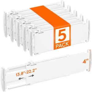 Lifewit 4" Tall 5 Pack Drawer Dividers, 35-56.5cm/13.8-22.2" Expandable Drawer Divider for Clothes, Adjustable Dresser Drawer Organizers, Drawers Separators for Dresser/Bathroom/Closet/Kitchen White