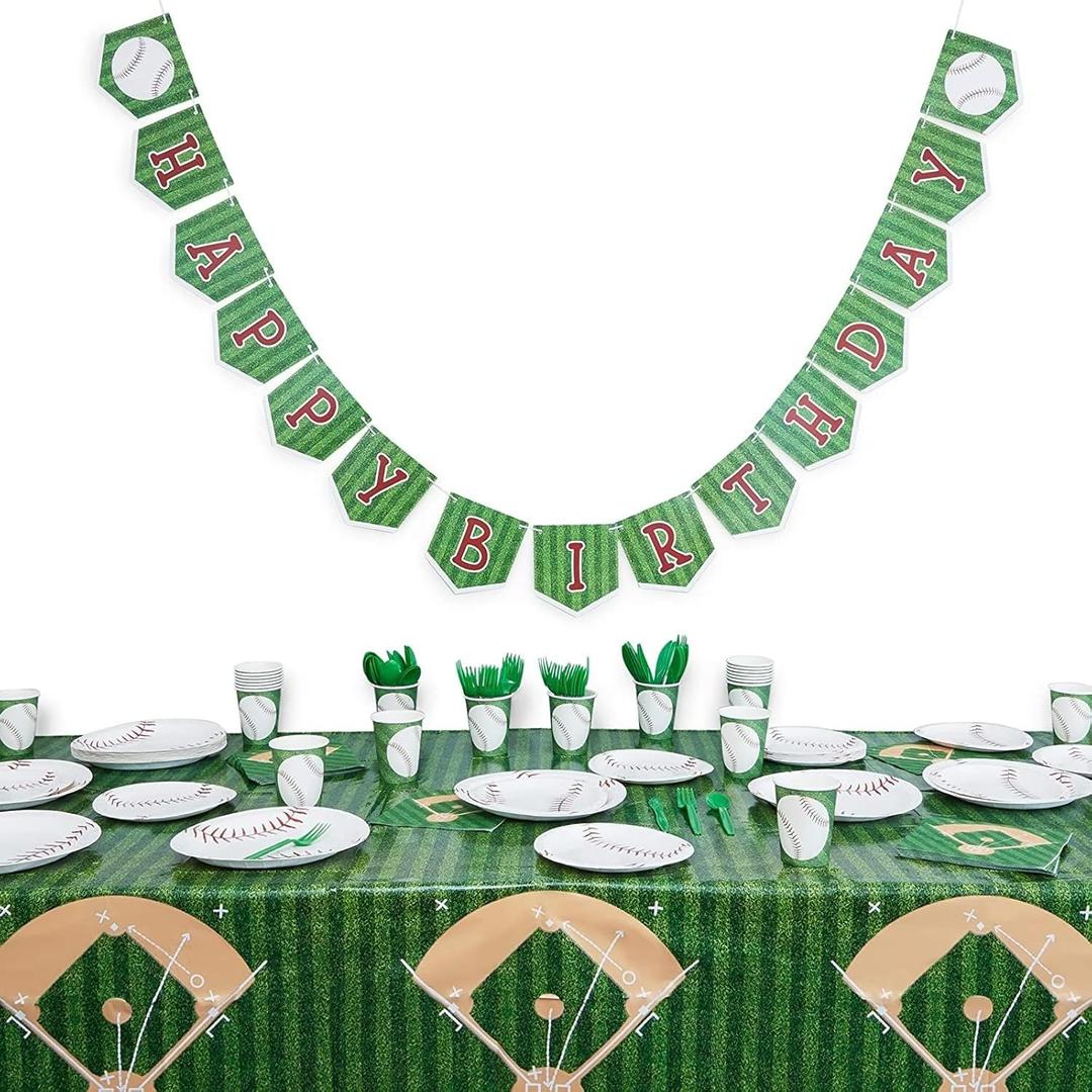 Baseball Birthday Party Pack, Dinnerware Set and Banner (Serves 24, 170 Pieces)