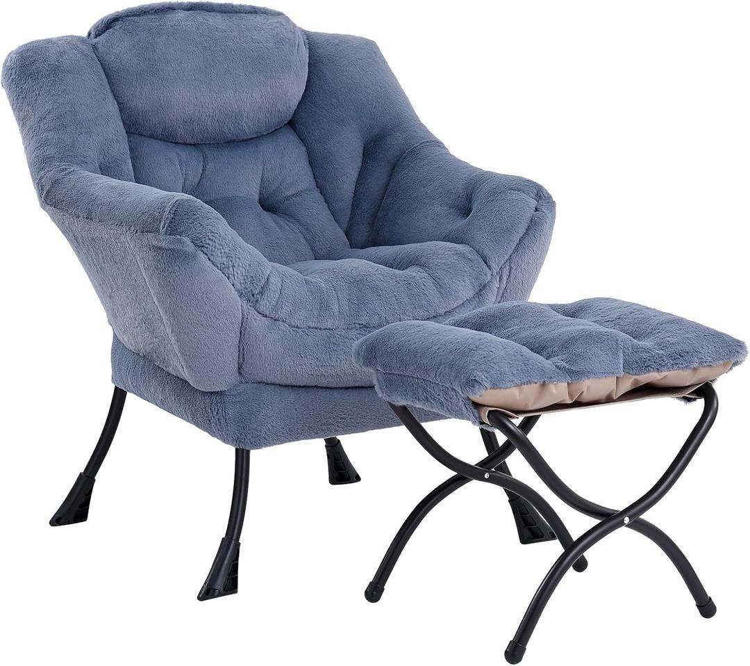 Lazy Chair with Ottoman, Modern Accent Chair Contemporary Lounge Leisure Sofa Chair with Armrests, Reading Chair and Folding Footstool Set for Living Room, Bedroom, Office (Plush Light Blue)