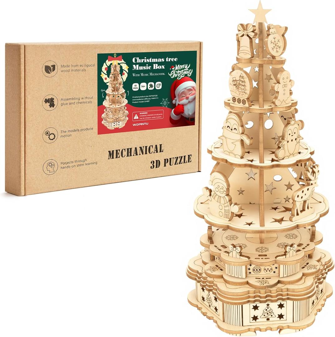 3D Wooden Puzzle Christmas Tree Music Box  61PCS DIY Wooden Craft Kit for Adults & Kids, Handmade Xmas Tree House Model with Rotating Music, Creative Decor