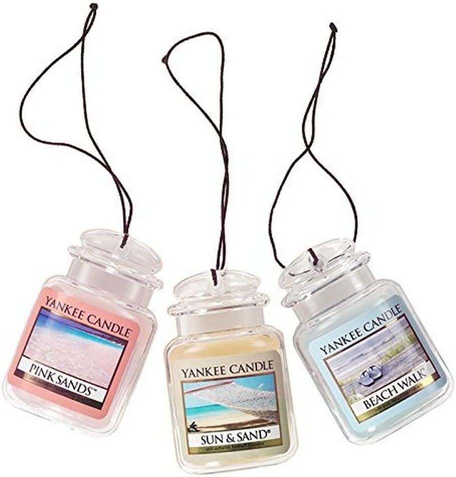Yankee Candle Hanging Car Jar Ultimate 3-Pack Air Fresheners Neutralizes Odors Up to 30 Days Includes: Beach Walk Pink Sands and Sun and Sand (Pack of 3)