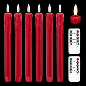 JOIONE Flameless Taper Candles Flickering Battery Operated, 3D Wick Warm Light Electric Candles with 2 Remote Timer, 9.6" Red Real Wax LED Candles for Christmas Home Party Wedding Decoration (6 Pack)
