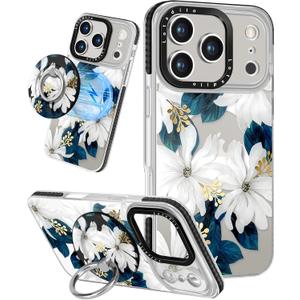 Case for iPhone 17 Pro Case Compatible with Magsafe Ring Holder Stand - for Women Blue Flower Design TPU Phone Cover for Girls Girly Funny Fashion