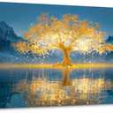 SLYCAY Large Golden Tree of Life Wall Art for Living Room, Nature Snow Mountain Lake Landscape Painting Pictures Wall Decor, House Decorations Bedroom Office Hallway Prints Artwork 24"X48"