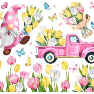 Mfault 9 Sheets Spring is in The Air Tulip Flowers Window Clings, Floral Gnome Truck Cart Wall Glass Stickers Decal Decorations, Bouquet Butterfly Living Room Home Kitchen Decor 2 Pack