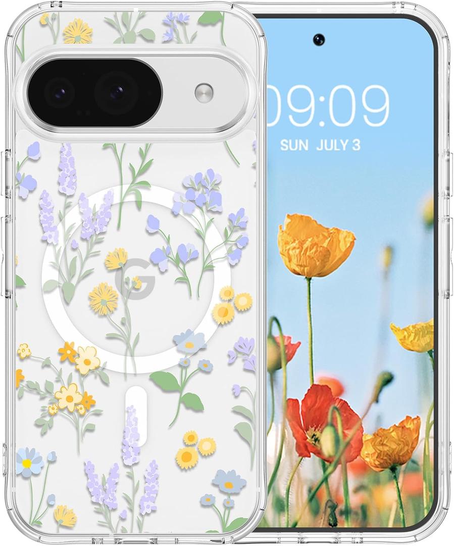 RALEAVO for Google Pixel 9/9 Pro Case Compatible with MagSafe Strong Magnetic Clear Floral Cover for Girls Women Slim Hard Back Protective Phone Case,Clear/Lavender