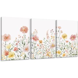 Colorful Wildflower Canvas Wall Art Set of 3 Framed - Pink Floral Watercolor Prints, Modern Minimalist Flower Painting Girls Botanical Nursery Decor for Living Room Bedroom Bathroom, 16x24 Inch, 16" x 24" x3 Framed