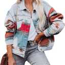 HangNiFang Aztec Denim Jacket Shacket for Women Button Down Vintage Distressed Blue Jean Jacket (Medium)