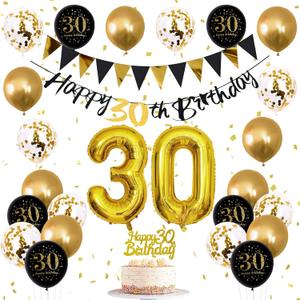 Jobkoo 30th Birthday Decorations for Him, Black Golden 30th Birthday Party Decor Men Women Happy 30th Balloons Black 30th Banner Cake Topper Number 30 Balloon for Thirty Decoration