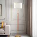 62" Walnut Gold Floor Lamp for Living Room, 1200LM 3-Way Dimmable Mid Century Modern Floor Lamp for Bedroom Office, Wood Vintage Standing Lamp Linen Shade, LED Bulb Included