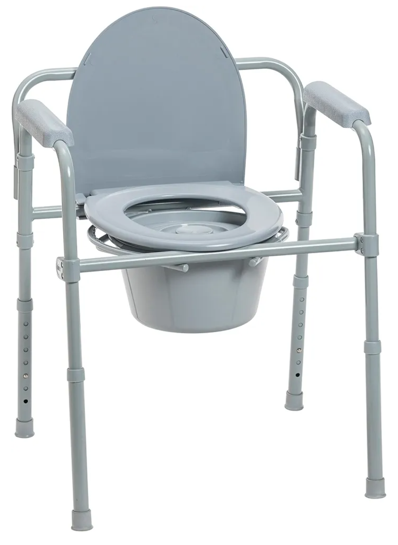 Drive Medical 11148-1 Folding Steel Bedside Commode Chair, Portable Toilet, Supports Individuals Weighing Up To 350 Lbs, with 7.5 Qt. Bucket and 13.5 Inch Seat, Grey